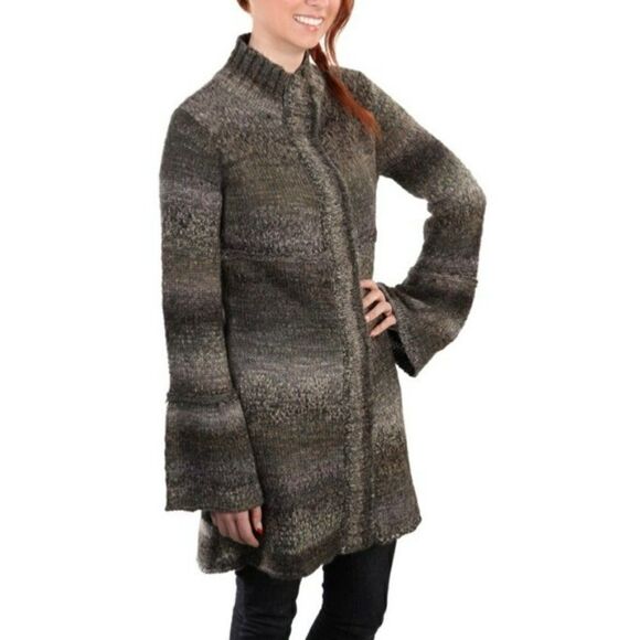 PrAna Amber Duster Sweater Cardigan Wool Blend Button Front Tan Gray Medium - Picture 2 of 14